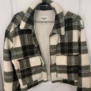 Abercrombie & Fitch Olive Green and Cream Plaid Teddy Jacket